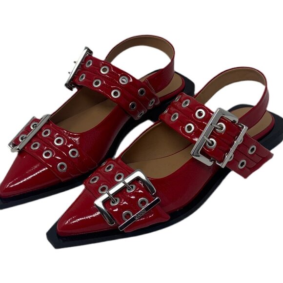 Ganni Red Leather Buckle Ballet Flats Sz-38 - Picture 3 of 4